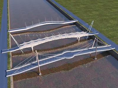 Modern Cable Stayed Bridge Design Spanning Waterway With Green Grass Surroundings 3d model