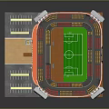Modern Football Stadium with Green Pitch Orange Stands and Floodlights