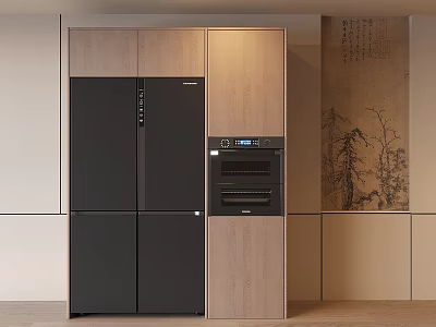 Modern Kitchen With Wooden Refrigerator Cabinet Built In Oven And Decorative Painting 3d model