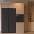 Modern Kitchen With Wooden Refrigerator Cabinet Built In Oven And Decorative Painting