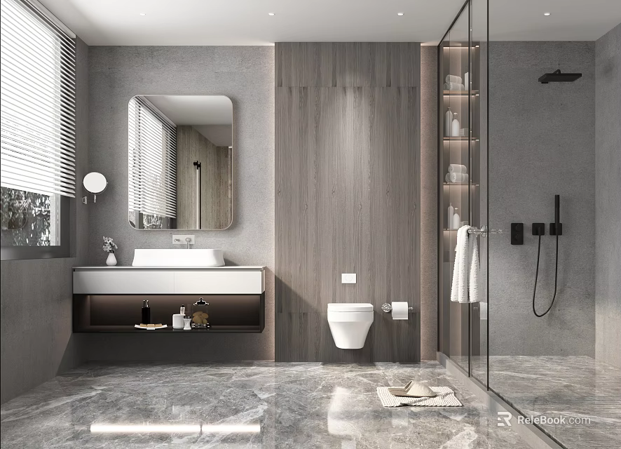 Modern Bathroom Interior Design With Marble Floor Wooden Wall Mirror And Glass Shower Partition 3d model 