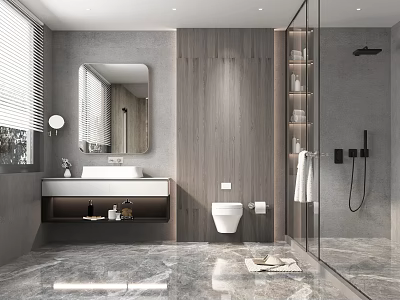 Modern Bathroom Interior Design With Marble Floor Wooden Wall Mirror And Glass Shower Partition 3d model