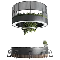Modern Round Bar Counter Design With Hanging Green Plants And Wooden Stools