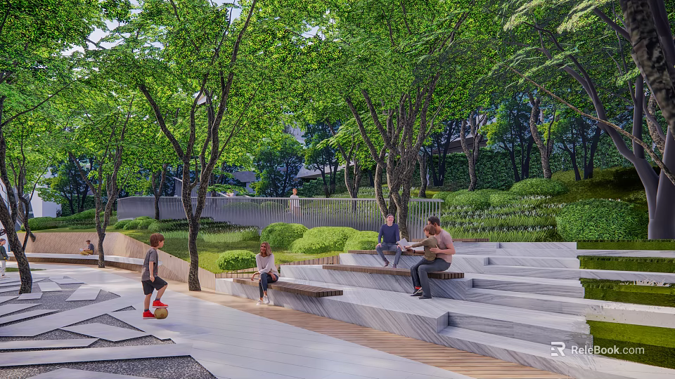 Garden Landscape Design With Lush Green Trees Stone Steps And People Resting 3d model 
