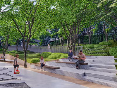 Garden Landscape Design With Lush Green Trees Stone Steps And People Resting 3d model