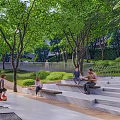 Garden Landscape Design With Lush Green Trees Stone Steps And People Resting
