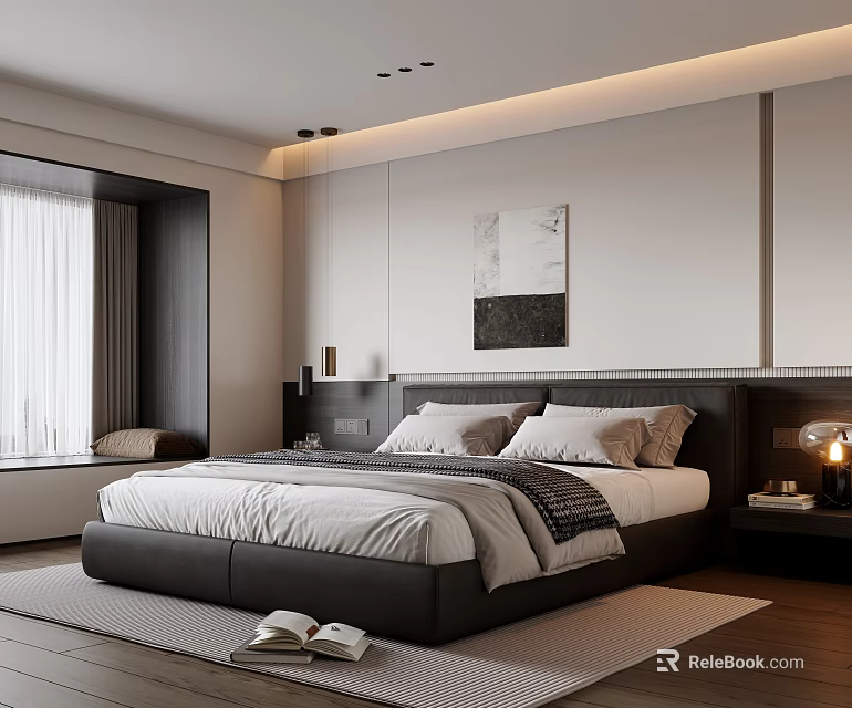 Modern Bedroom Interior With Comfortable Bed Side Tables And Lamps Curtains And Wall Art 3d model 