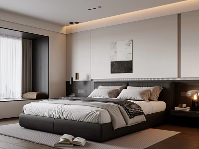 Modern Bedroom Interior With Comfortable Bed Side Tables And Lamps Curtains And Wall Art 3d model