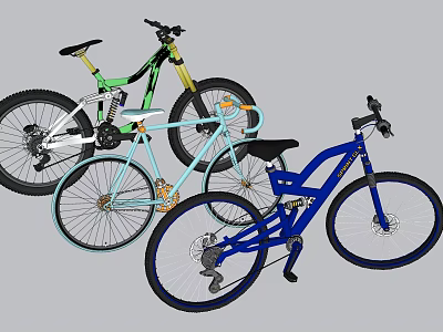 Three Modern Bicycles In Green Light Blue And Blue With Stylish Design 3d model