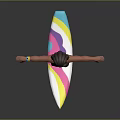 Shirtless Surfer Boy Standing On Colorful Surfboard With Outstretched Arms