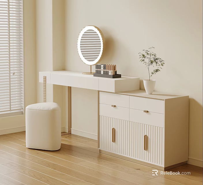 Modern Cream White Vanity Table With LED Makeup Mirror Storage Cabinet And Soft Padded Stool 3d model 