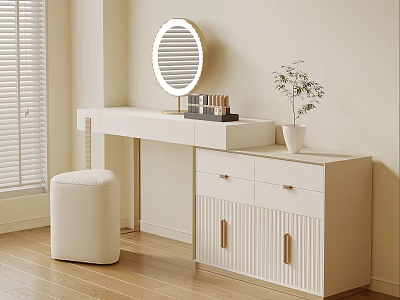 Modern Cream White Vanity Table With LED Makeup Mirror Storage Cabinet And Soft Padded Stool 3d model
