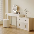 Modern Cream White Vanity Table With LED Makeup Mirror Storage Cabinet And Soft Padded Stool