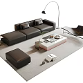 Modern Black Sofa And Coffee Table Set With Floor Lamp Ottoman And Gray Rug