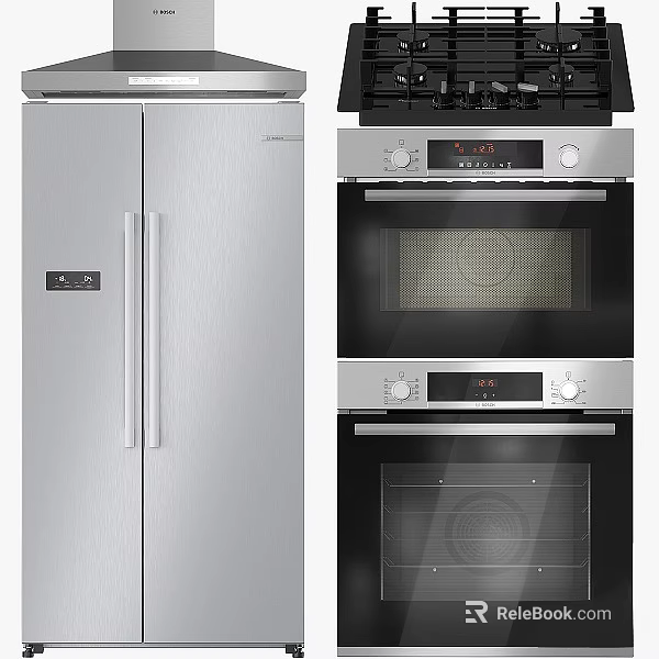 Modern Kitchen Appliances Featuring Stainless Steel Refrigerator Built-in Ovens And Gas Cooktop 3d model 