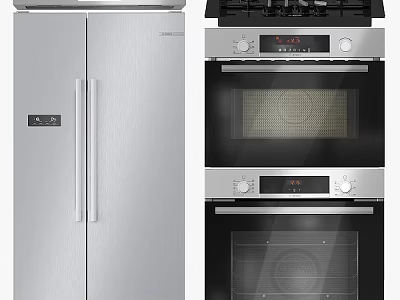 Modern Kitchen Appliances Featuring Stainless Steel Refrigerator Built-in Ovens And Gas Cooktop 3d model
