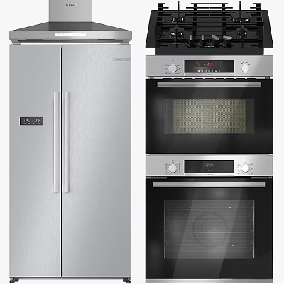Modern Kitchen Appliances Featuring Stainless Steel Refrigerator Built-in Ovens And Gas Cooktop 3d model