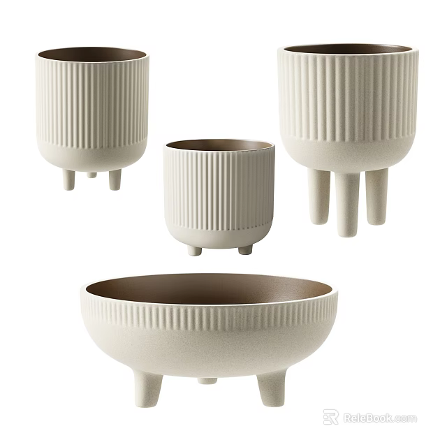 Cream Ribbed Legged Ceramic Dinnerware Set With Bowls And Cups For Dining 3d model