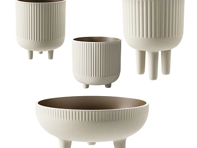 Cream Ribbed Legged Ceramic Dinnerware Set With Bowls And Cups For Dining 3d model