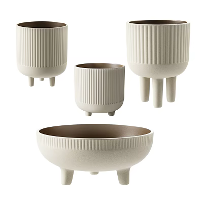 Cream Ribbed Legged Ceramic Dinnerware Set With Bowls And Cups For Dining 3d model