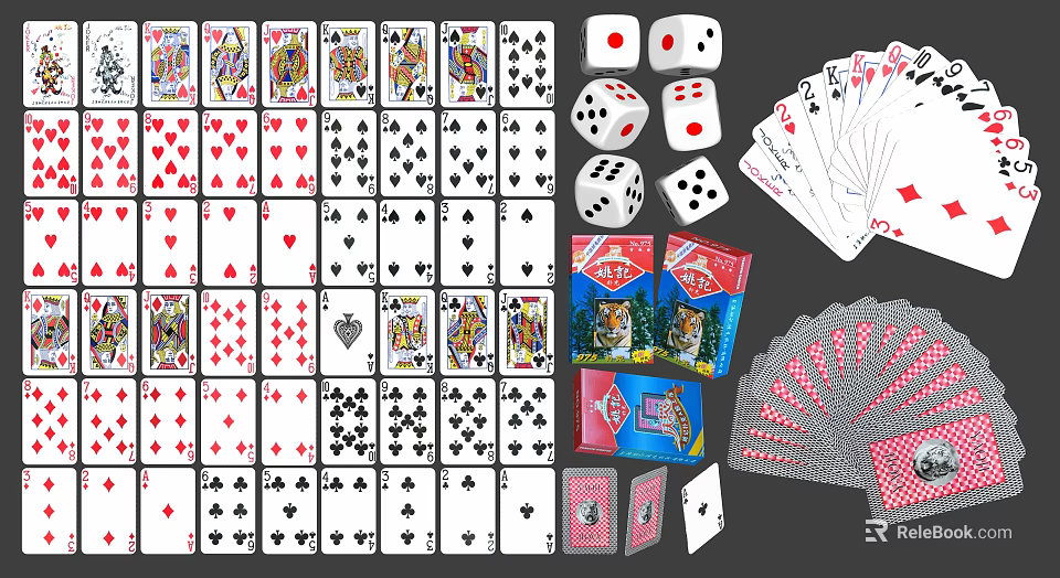 Assorted Playing Cards With Multiple Suits Dice And Card Game Sets For Entertainment 3d model 