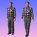 Man Wearing Plaid Shirt And Dark Pants Standing Against Blue Purple To Pink Gradient Background