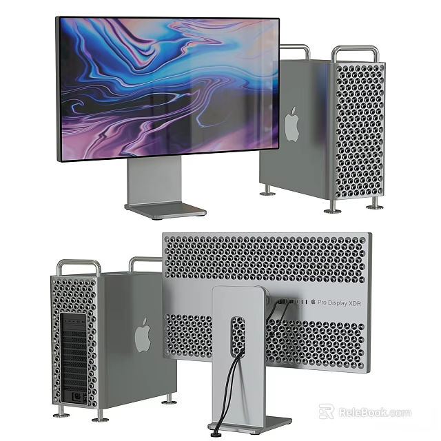 Apple Mac Pro Desktop With Silver Mesh Design And Pro Display XDR Screen Featuring Colorful Pattern 3d model 