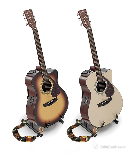 Acoustic Guitars In Brown And Beige On Stands With Cases For Music Gear 3d model 