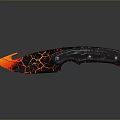 Sharp Tactical Knife With Orange Black Cracked Blade And Black Handle Reflective Surface Design