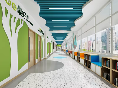 Elevator Corridor With Green White Tree Patterns Blue Ceiling Colorful Bookshelves Large Windows City View 3d model