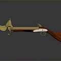 Antique Flintlock Weapon Featuring Golden Metal Parts And Red Wooden Stock