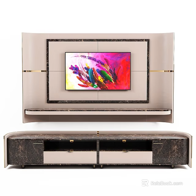 Modern TV Wall Interior Design With Framed TV And Stylish Wooden Storage Cabinet 3d model 