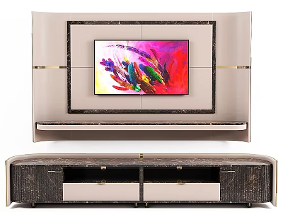 Modern TV Wall Interior Design With Framed TV And Stylish Wooden Storage Cabinet 3d model