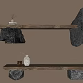 Wooden Stools With Black Stone Supports And Decorative Items On Top