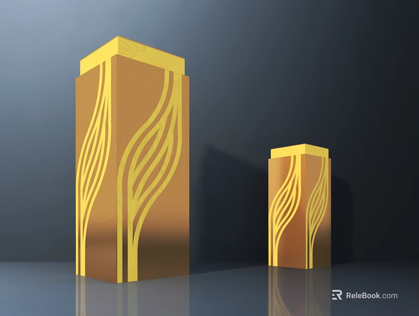 Two Golden Columnar Outdoor Lights With Wavy Lines And Square Reflective Tops 3d model 