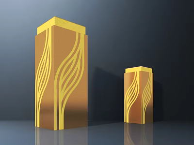 Two Golden Columnar Outdoor Lights With Wavy Lines And Square Reflective Tops 3d model