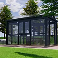 Outdoor Garden Patio Space With Black Glass Pavilion White Umbrella And Green Trees
