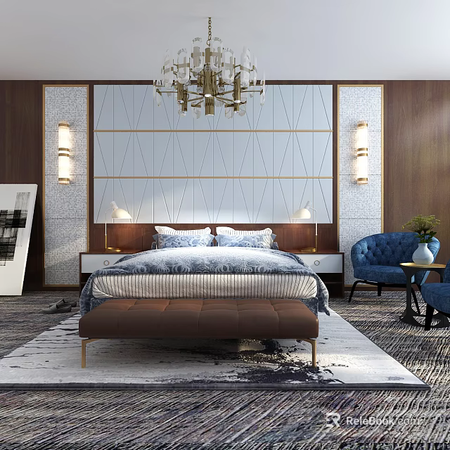 Background Double Bed In Bedroom With Wooden Walls Geometric Pattern Backdrop Chandelier And Blue Armchair 3d model 
