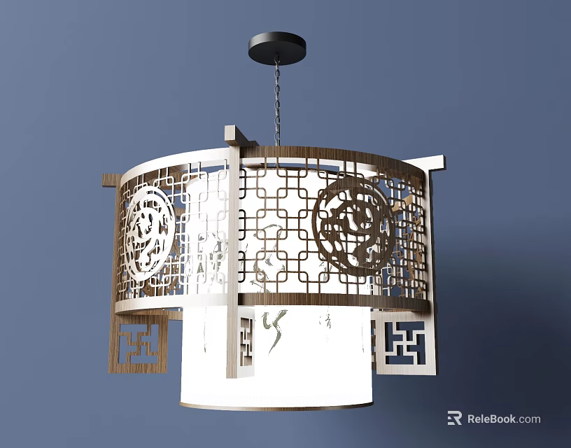Traditional Chinese Style Wooden Chandelier With Intricate Cutout Patterns And White Lampshade 3d model 