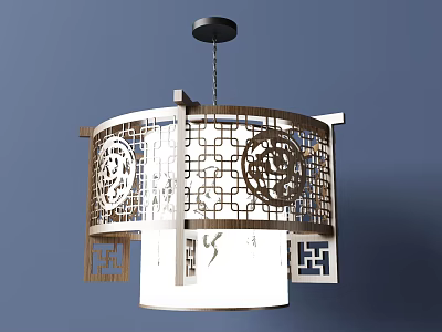 Traditional Chinese Style Wooden Chandelier With Intricate Cutout Patterns And White Lampshade 3d model