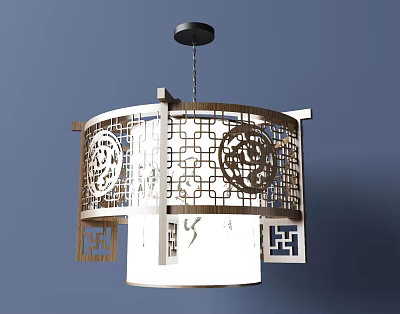 Traditional Chinese Style Wooden Chandelier With Intricate Cutout Patterns And White Lampshade 3d model