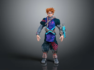 Orange Haired Fantasy Character In Patterned Purple Blue Outfit With Mechanical Arm Device 3d model