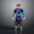 Orange Haired Fantasy Character In Patterned Purple Blue Outfit With Mechanical Arm Device