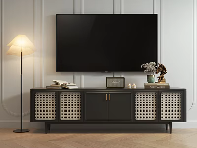 Modern Black TV Stand with Woven Doors Books Clock Vase Decorative Item and Floor Lamp 3d model
