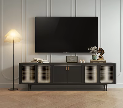 Modern Black TV Stand with Woven Doors Books Clock Vase Decorative Item and Floor Lamp 3d model