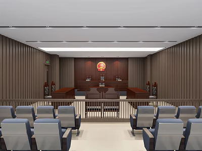 Courtroom Interior With Wooden Paneling Judge Bench Emblem And Gray Audience Chairs 3d model