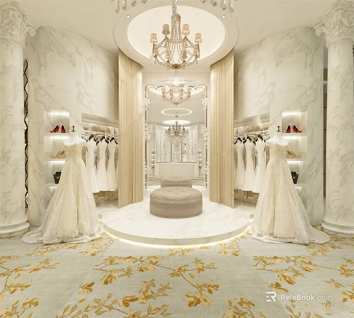 Luxury Bridal Shop Interior With Wedding Dresses Mirror Chandelier And Marble Walls 3d model 