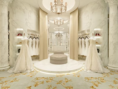 Luxury Bridal Shop Interior With Wedding Dresses Mirror Chandelier And Marble Walls 3d model