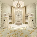 Luxury Bridal Shop Interior With Wedding Dresses Mirror Chandelier And Marble Walls