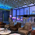 Modern Lunar Bar Interior With Open Counter Blue Lighting Fish Tank And Moon Decoration